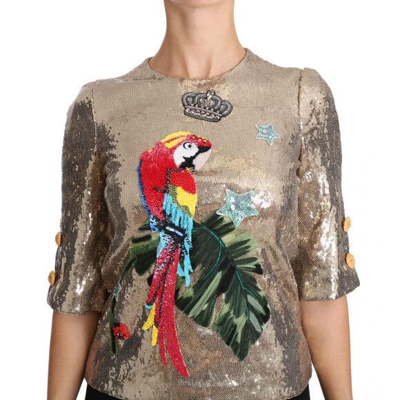 Dolce & Gabbana Sequin Parrot Embroidered Top Women Gold Tops & T-Shirts - Picture 3 of 6
